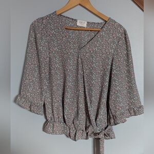 Sienna Sky 3/4 Sleeve Floral Cottagecore Faux Wrap Ruffle Hemp‎ Blouse